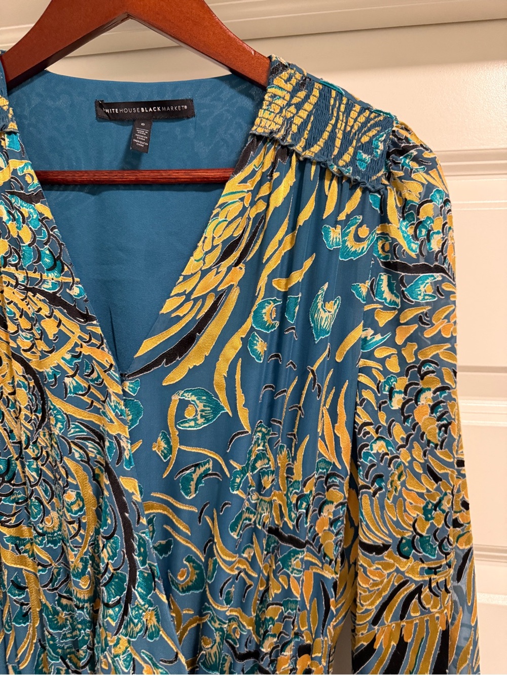 White House Black Market Teal and Gold Long Sleeve Midi Dress - Picture 9 of 14
